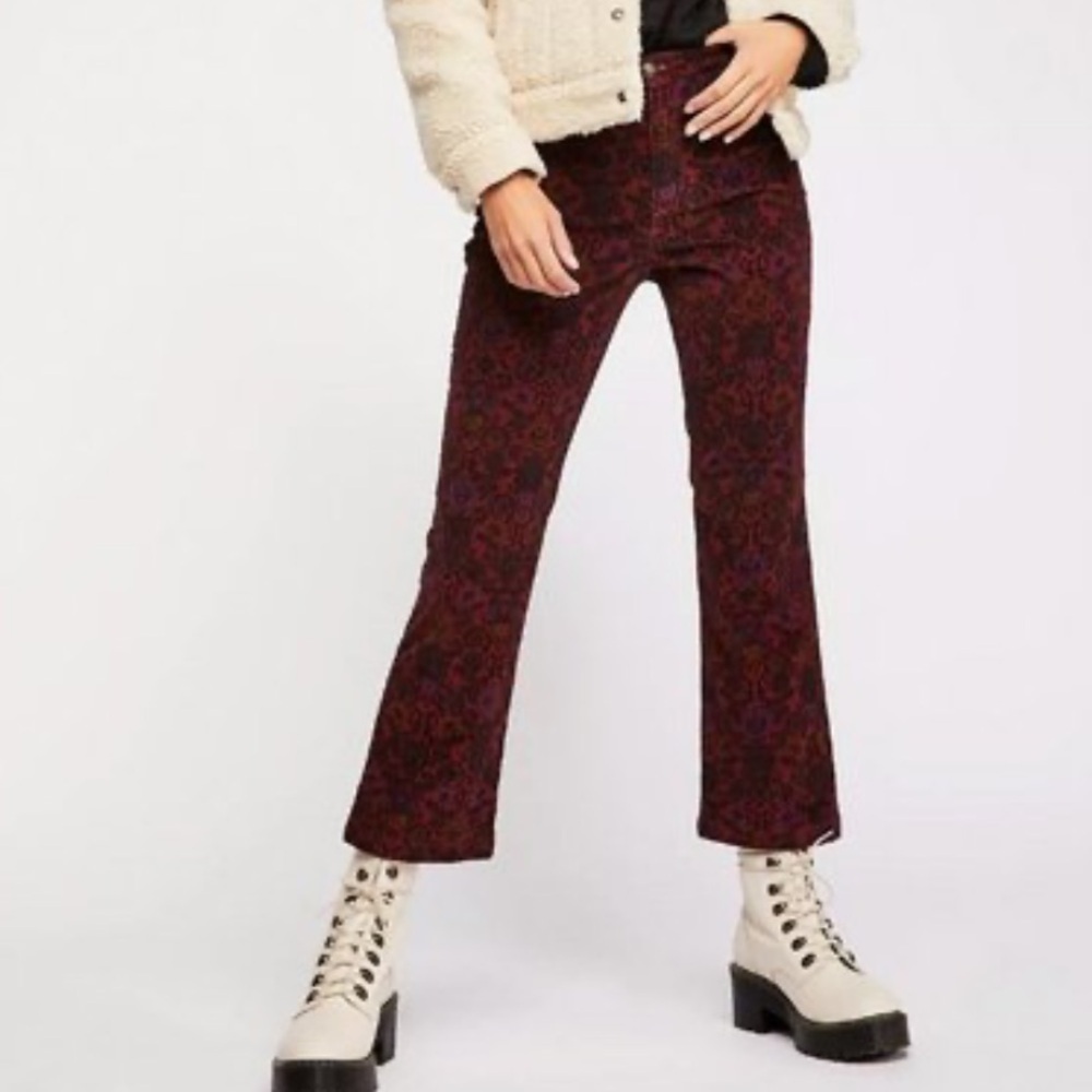 Free People Paisley Cropped Micro Corduroy Bootcut Flare Pants Red Wine Brown 10